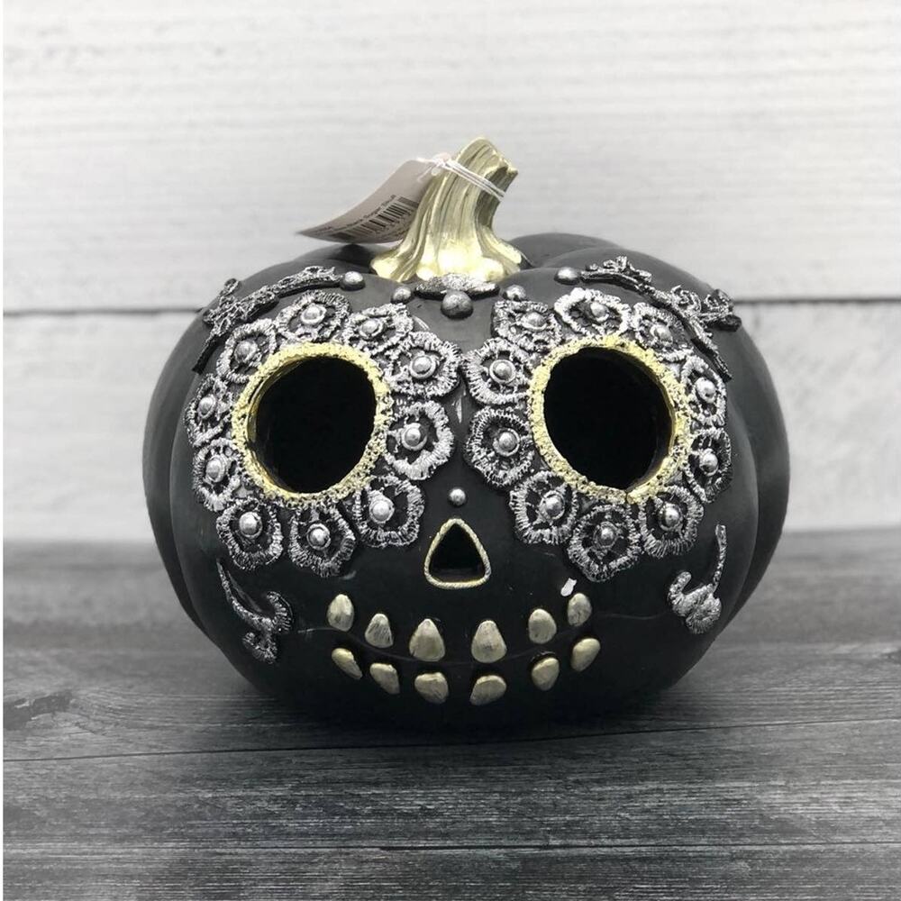Sugar Skull Black Light Up Jack O Lantern Pumpkin Day Of The Dead Gold Silver